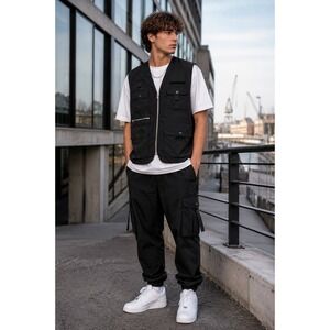 Weekday Remy Utility Vest Black Nylon Full Zip Multi Pocket Cargo Size L